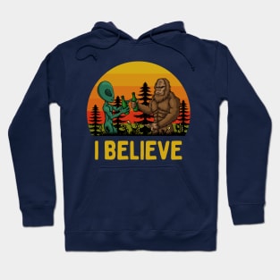 I Believe: Funny Conspiracy Theory Lovers - Bigfoot and Green Alien Sharing a Beer Hoodie